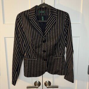 Lauren Ralph Lauren Women’s Black & Ivory Striped Cotton Silk Blazer Fitted Sz 8